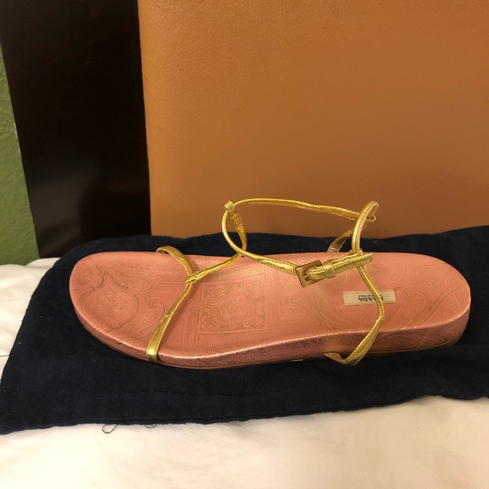 Authentic Prada T strap sandals in gold Sz 42